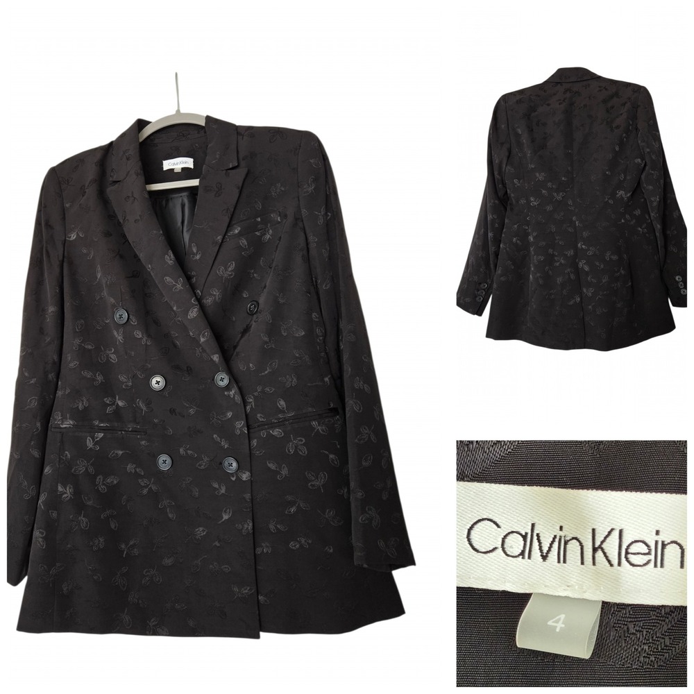 Calvin Klein Womens Black Floral Jacquard Double Breasted Blazer Jacket Size 4